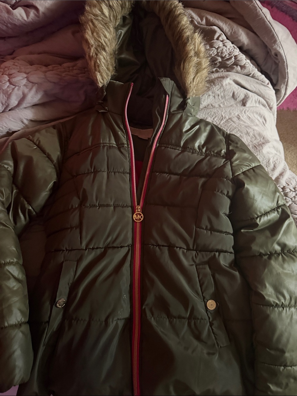 Michael Kors Olive Green Quilted Puffer Jacket with Faux Fur Hood